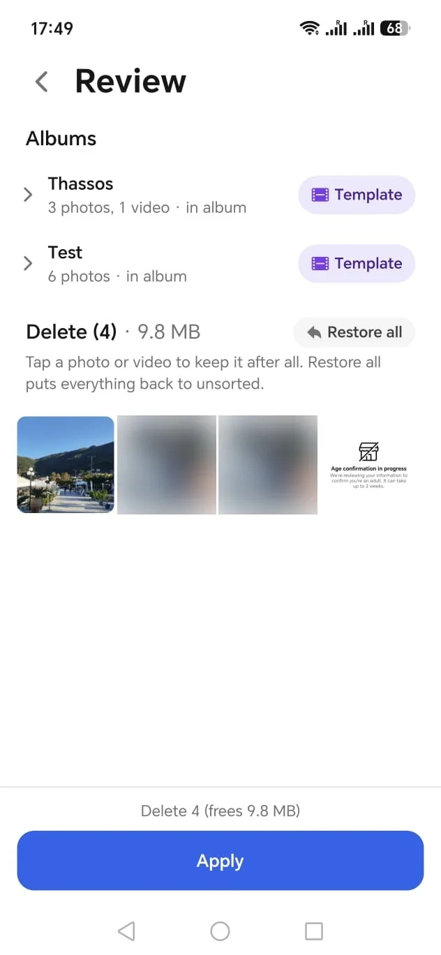 The review screen: two albums with a Template button each, four photos marked for deletion (9.8 MB), and an Apply button.